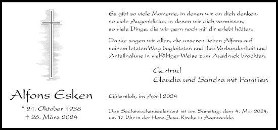 Traueranzeige von Alfons Esken von Neue Westfälische