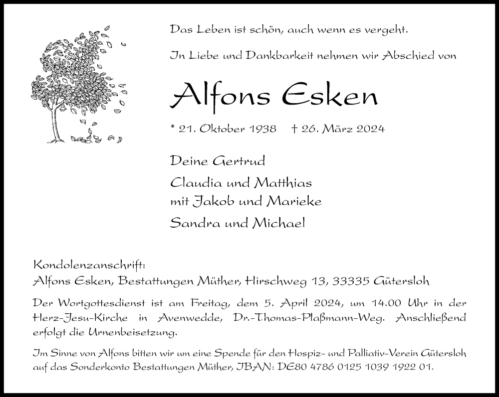  Traueranzeige für Alfons Esken vom 03.04.2024 aus Neue Westfälische