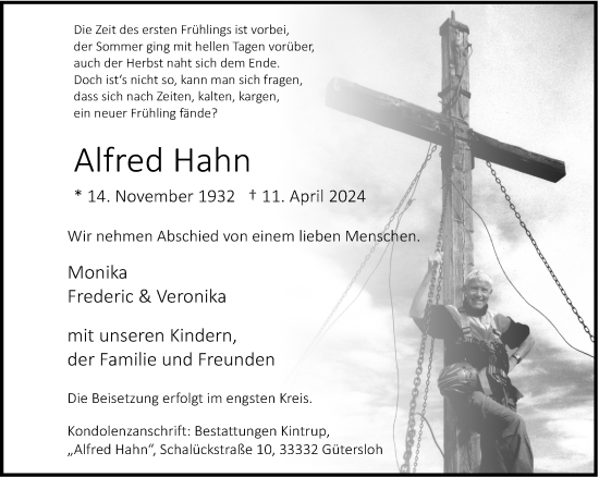 Traueranzeige von Alfred Hahn von Neue Westfälische