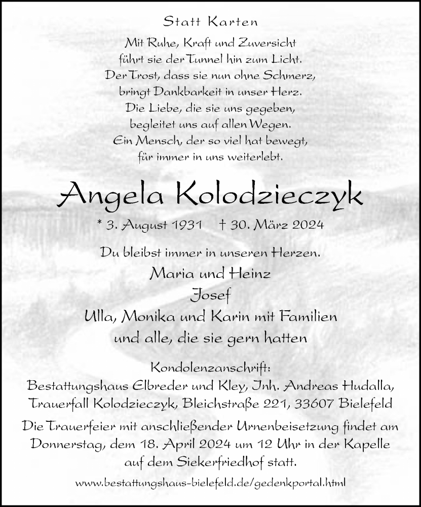  Traueranzeige für Angela Kolodzieczyk vom 13.04.2024 aus Neue Westfälische
