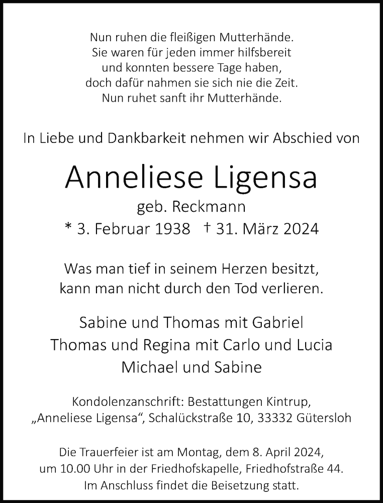  Traueranzeige für Anneliese Ligensa vom 04.04.2024 aus Neue Westfälische