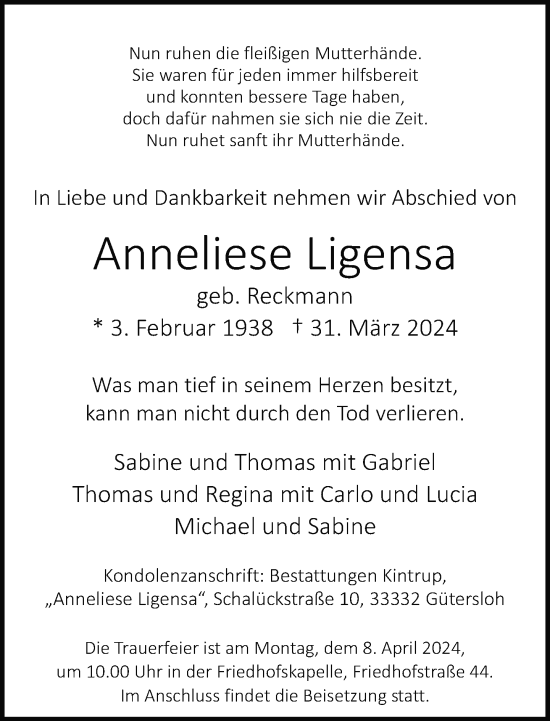Traueranzeige von Anneliese Ligensa von Neue Westfälische