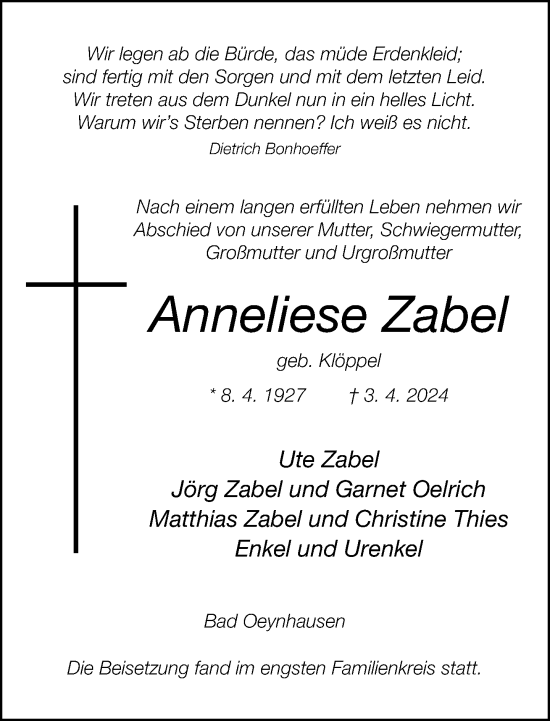 Traueranzeige von Anneliese Zabel von Neue Westfälische