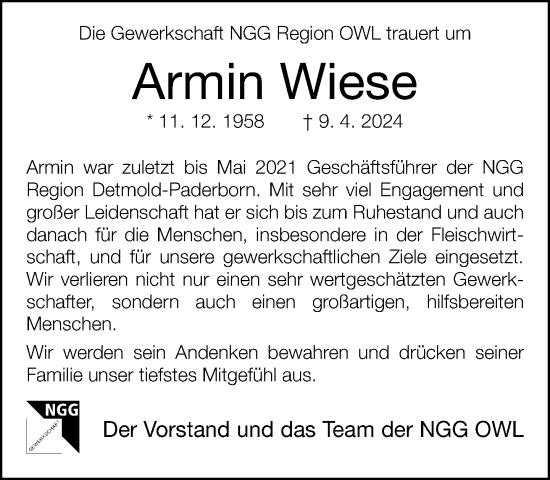 Traueranzeige von Armin Wiese von Neue Westfälische