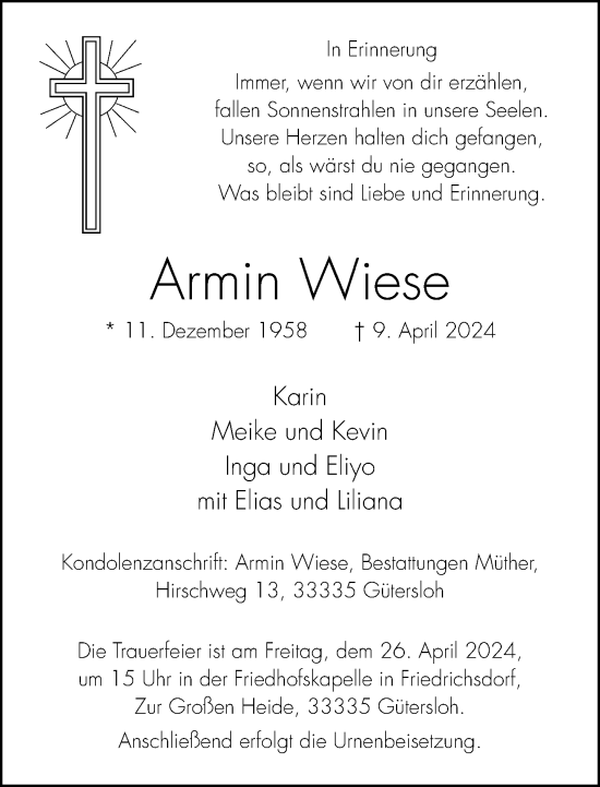 Traueranzeige von Armin Wiese von Neue Westfälische