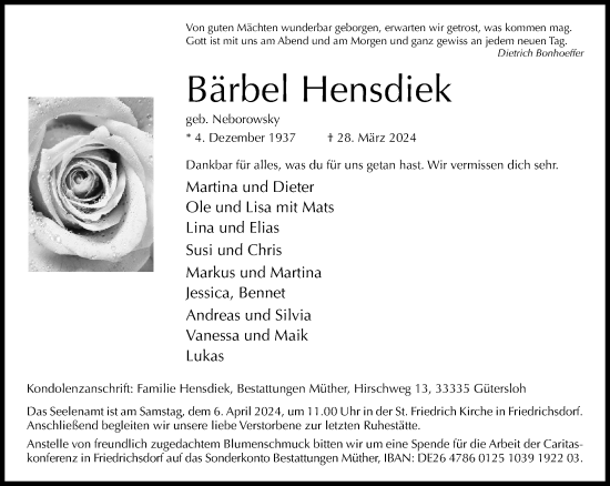 Traueranzeige von Bärbel Hensdiek von Neue Westfälische