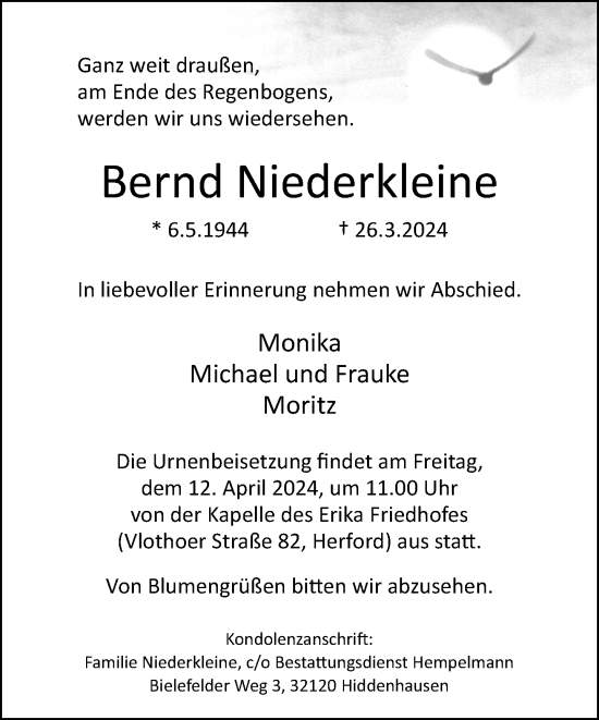 Traueranzeige von Bernd Niederkleine von Neue Westfälische