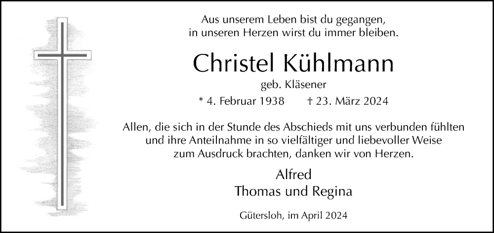  Traueranzeige für Christel Kühlmann vom 20.04.2024 aus Neue Westfälische