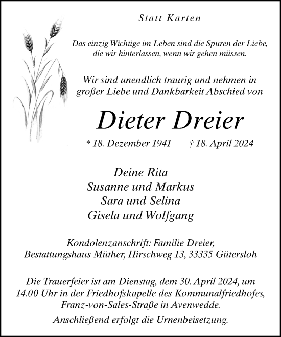 Traueranzeige von Dieter Dreier von Neue Westfälische