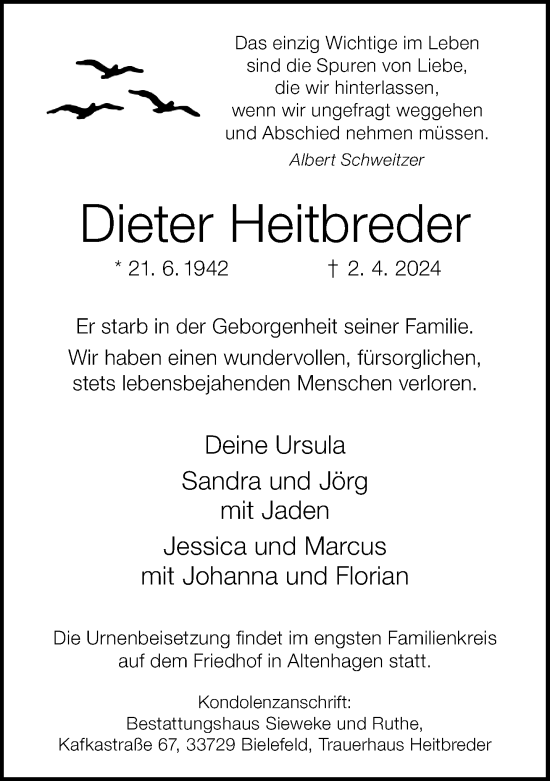 Traueranzeige von Dieter Heitbreder von Neue Westfälische