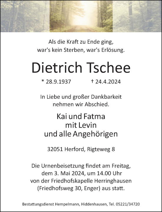 Traueranzeige von Dietrich Tschee von Neue Westfälische