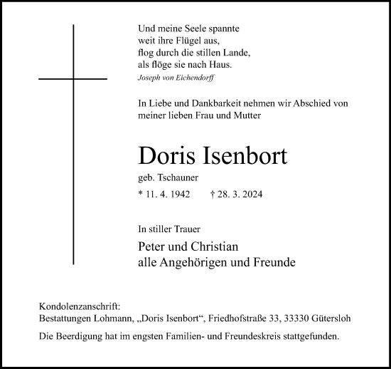 Traueranzeige von Doris Isenbort von Neue Westfälische