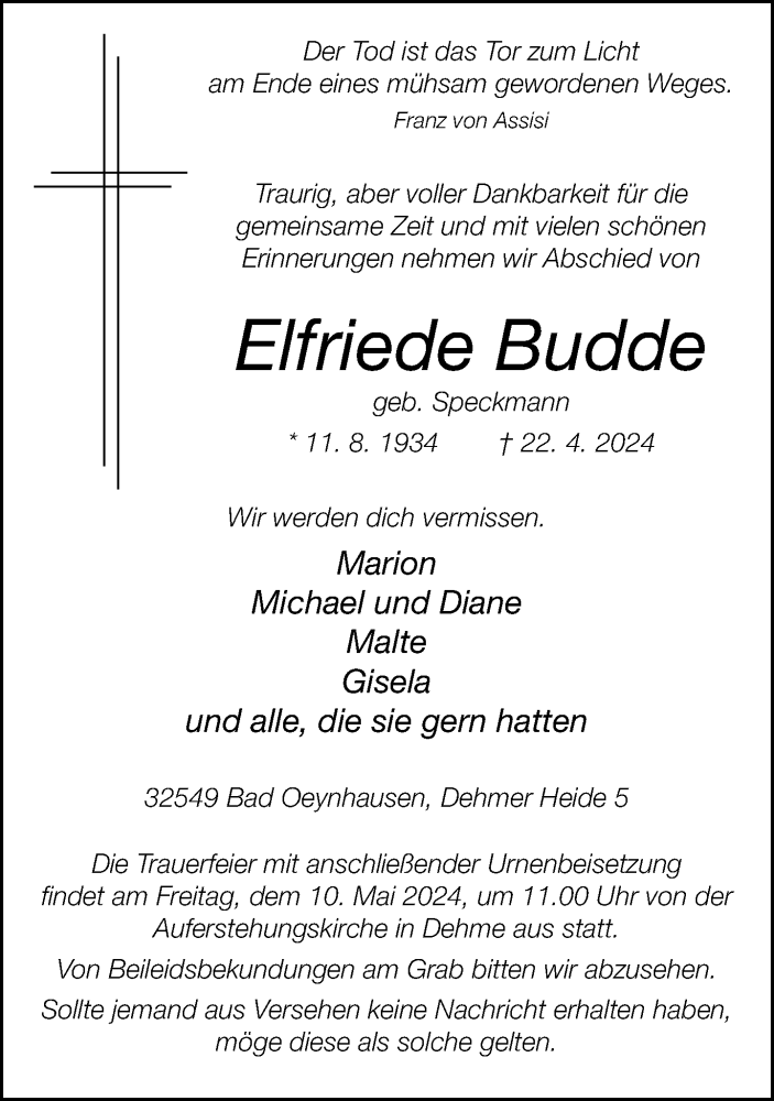  Traueranzeige für Elfriede Budde vom 27.04.2024 aus Neue Westfälische
