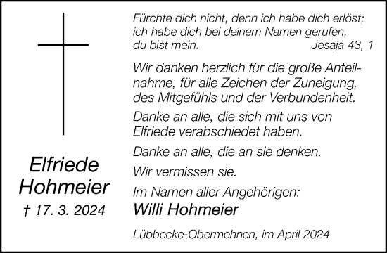 Traueranzeige von Elfriede Hohmeier von Neue Westfälische