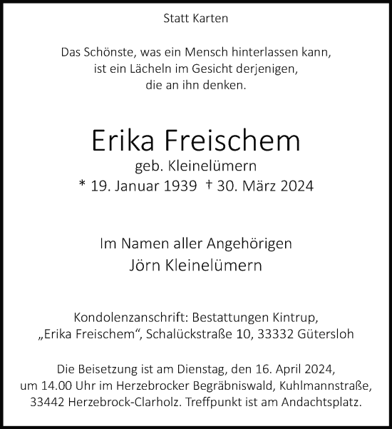 Traueranzeige von Erika Freischem von Neue Westfälische