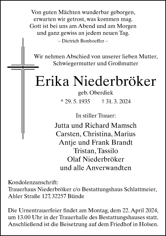 Traueranzeige von Erika Niederbröker von Neue Westfälische