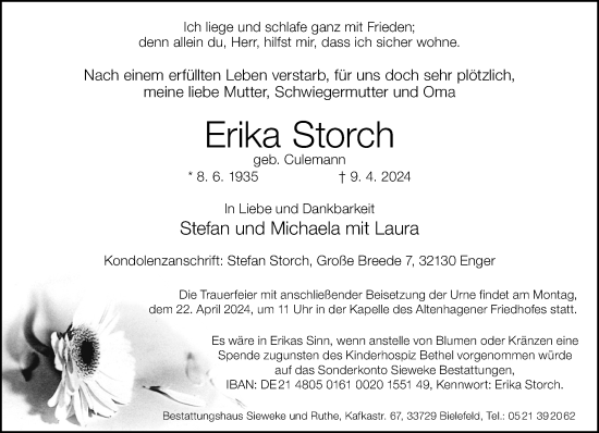 Traueranzeige von Erika Storch von Neue Westfälische