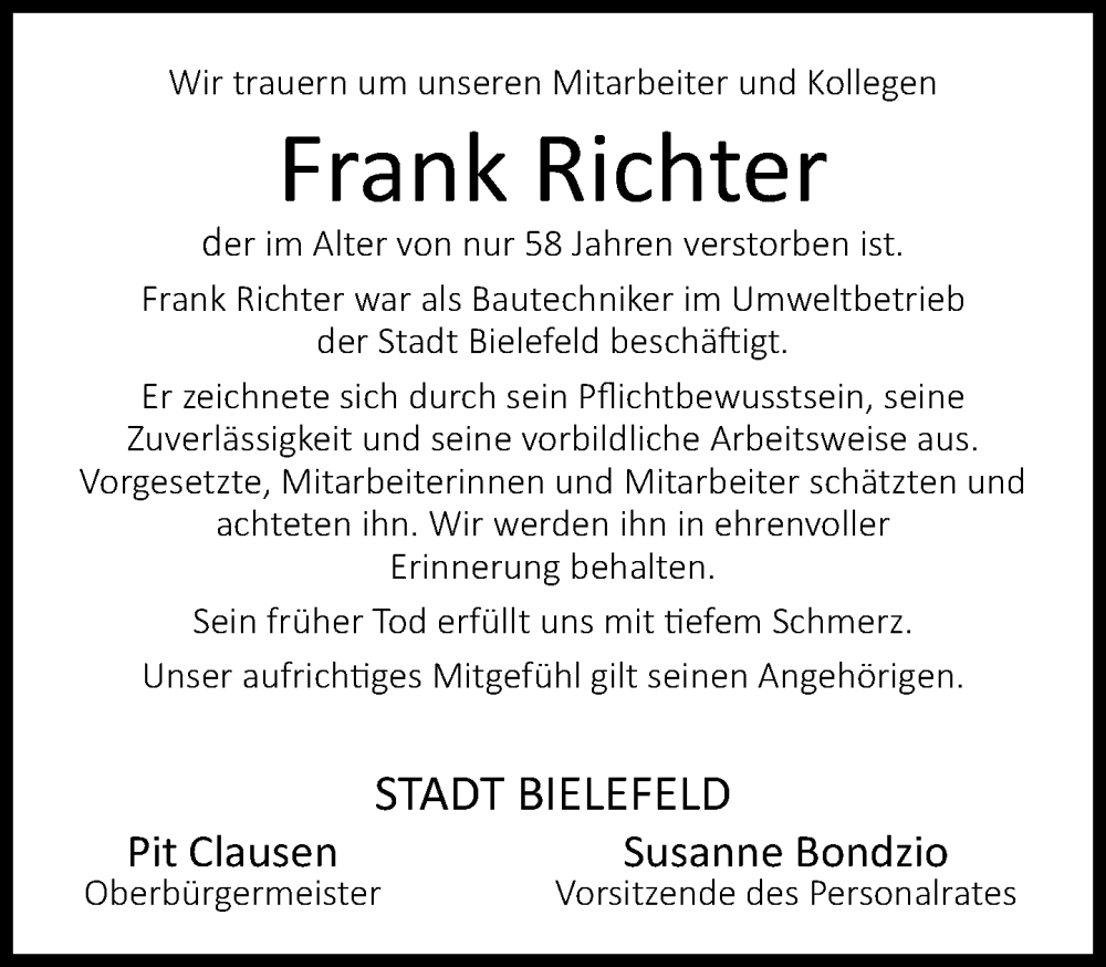  Traueranzeige für Frank Richter vom 09.04.2024 aus Neue Westfälische