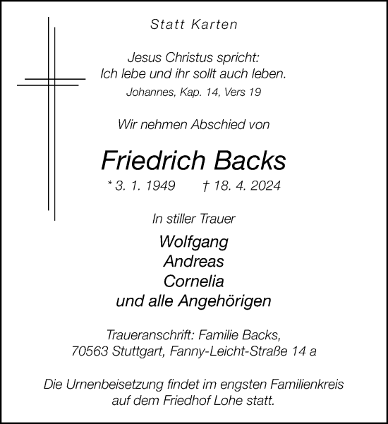 Traueranzeige von Friedrich Backs von Neue Westfälische