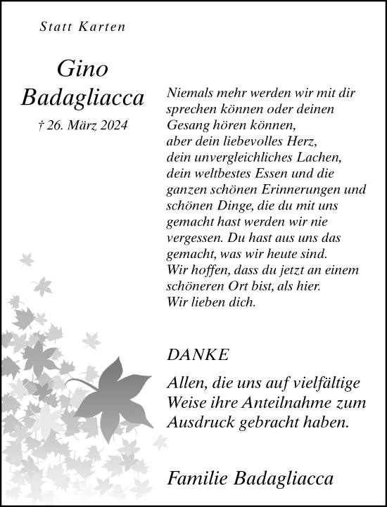 Traueranzeige von Gino Badagliacca von Neue Westfälische