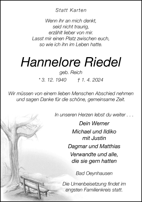 Traueranzeige von Hannelore Riedel von Neue Westfälische