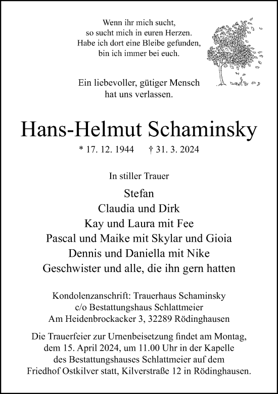 Traueranzeige von Hans-Helmut Schaminsky von Neue Westfälische