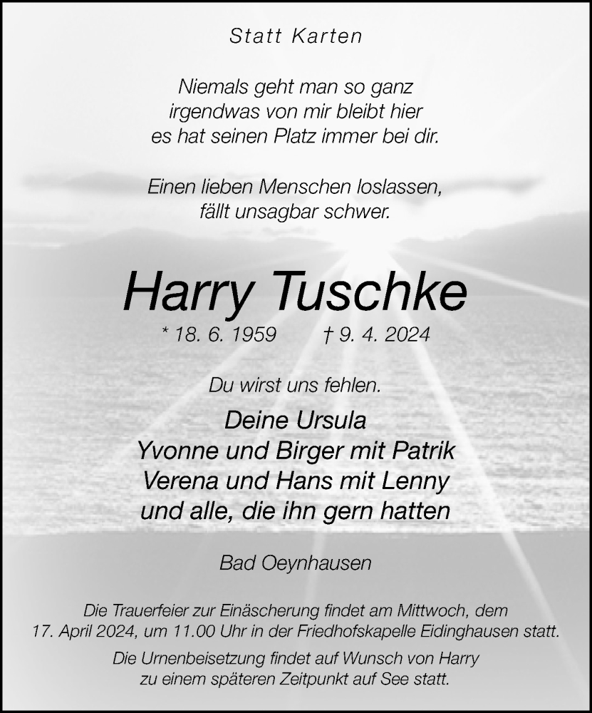  Traueranzeige für Harry Tuschke vom 13.04.2024 aus Neue Westfälische