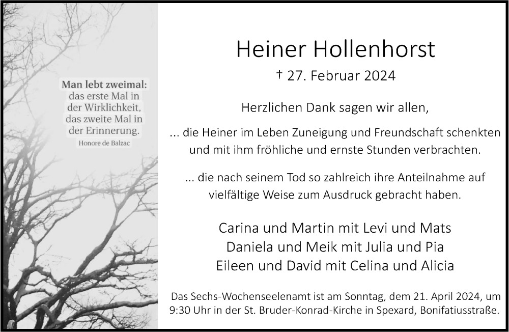  Traueranzeige für Heiner Hollenhorst vom 16.04.2024 aus Neue Westfälische