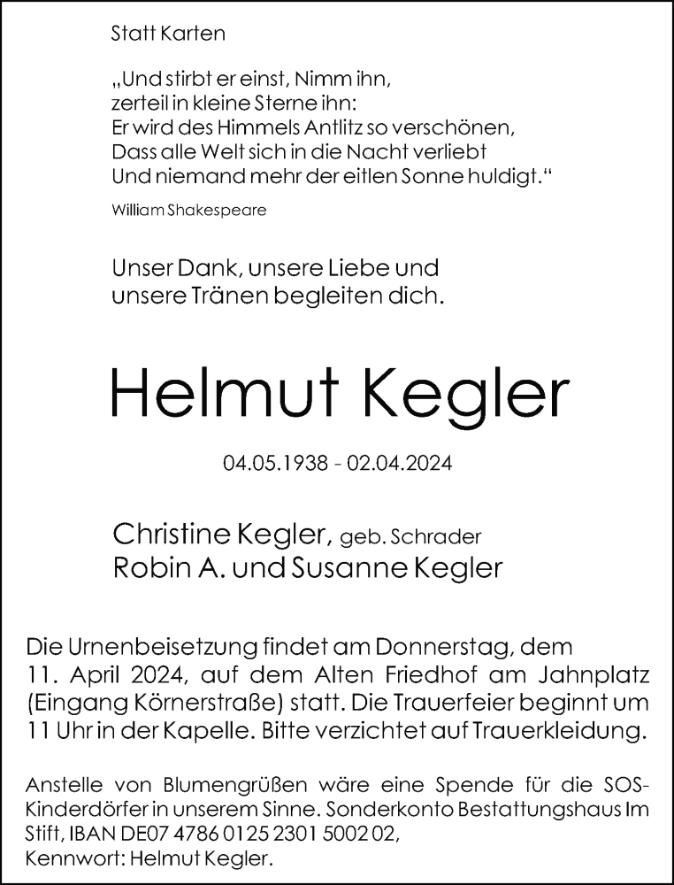  Traueranzeige für Helmut Kegler vom 06.04.2024 aus Neue Westfälische