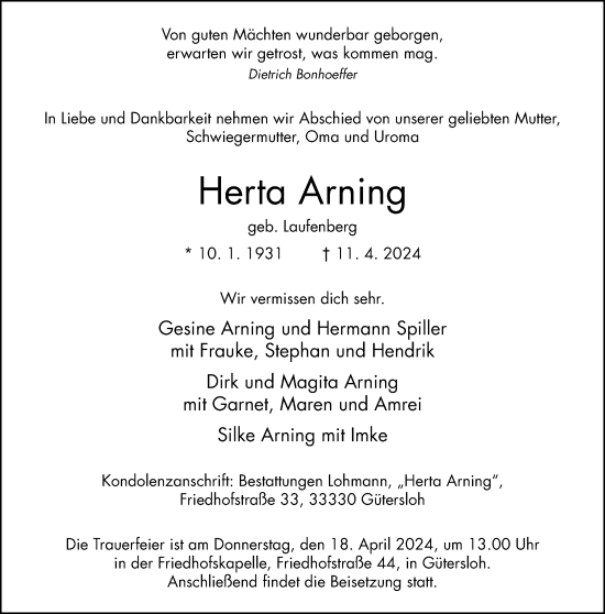 Traueranzeige von Herta Arning von Neue Westfälische