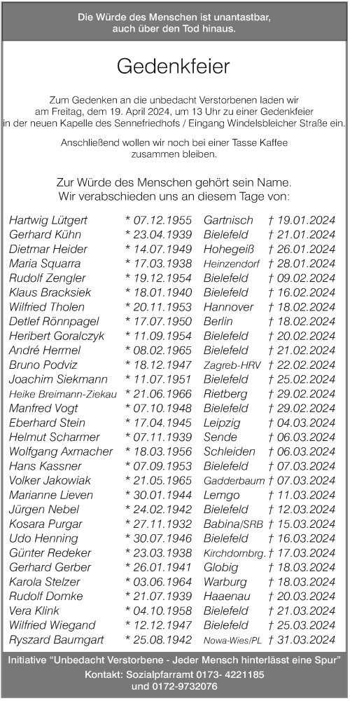 Traueranzeige von In Gedenken  von Neue Westfälische