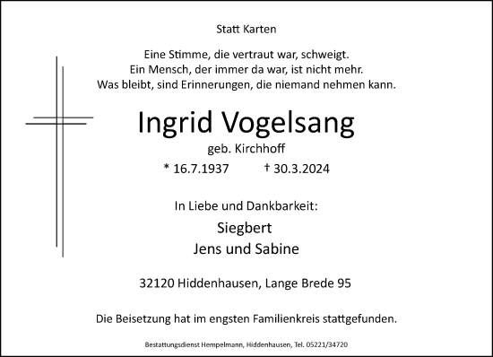 Traueranzeige von Ingrid Vogelsang von Neue Westfälische