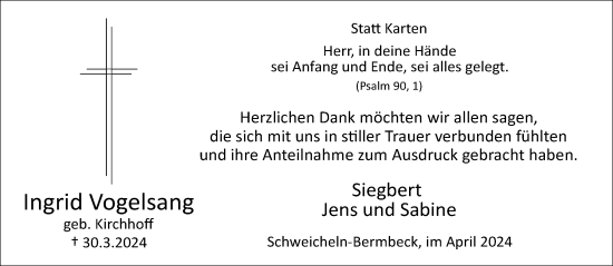 Traueranzeige von Ingrid Vogelsang von Neue Westfälische