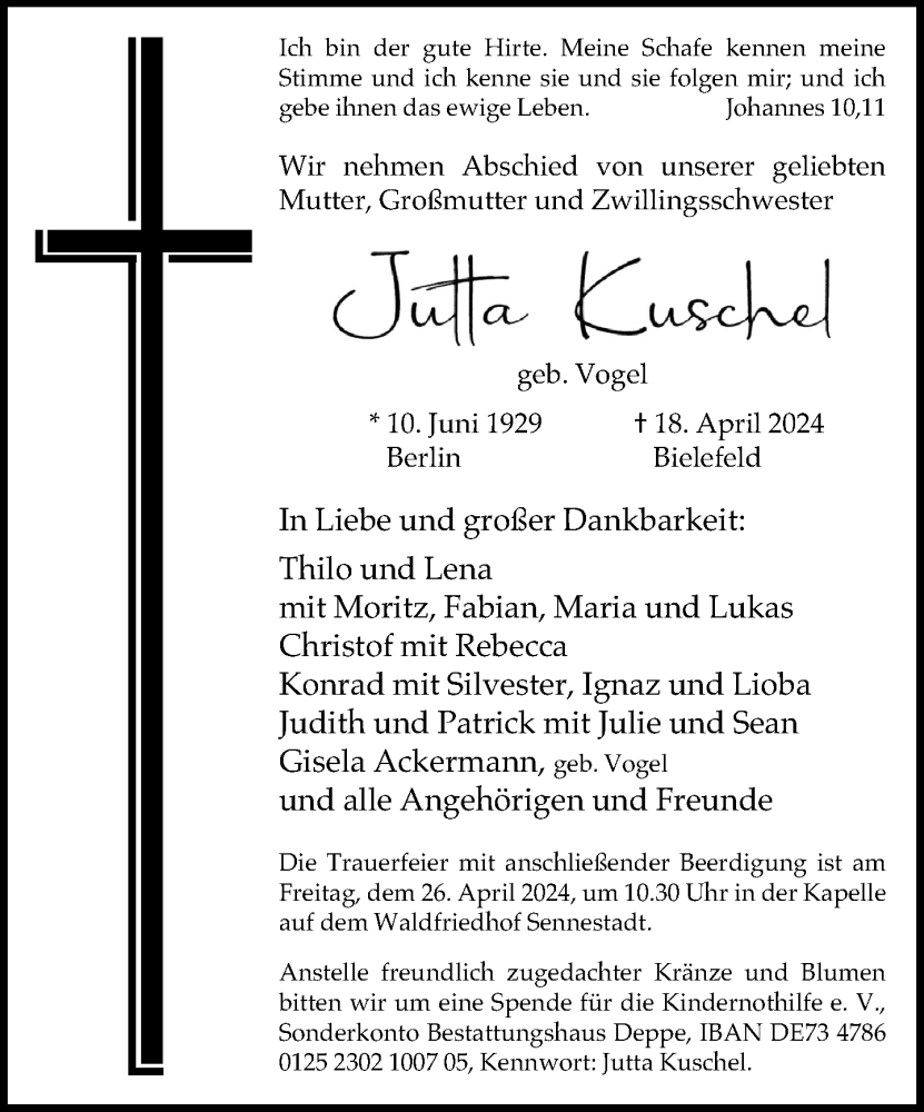 Traueranzeige für Jutta Kuschel vom 24.04.2024 aus Neue Westfälische
