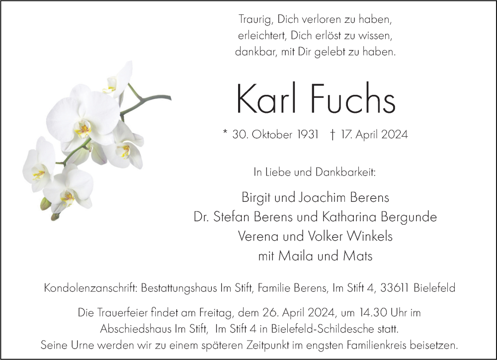  Traueranzeige für Karl Fuchs vom 20.04.2024 aus Neue Westfälische