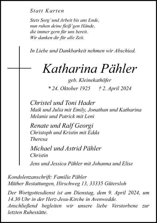 Traueranzeige von Katharina Pähler von Neue Westfälische