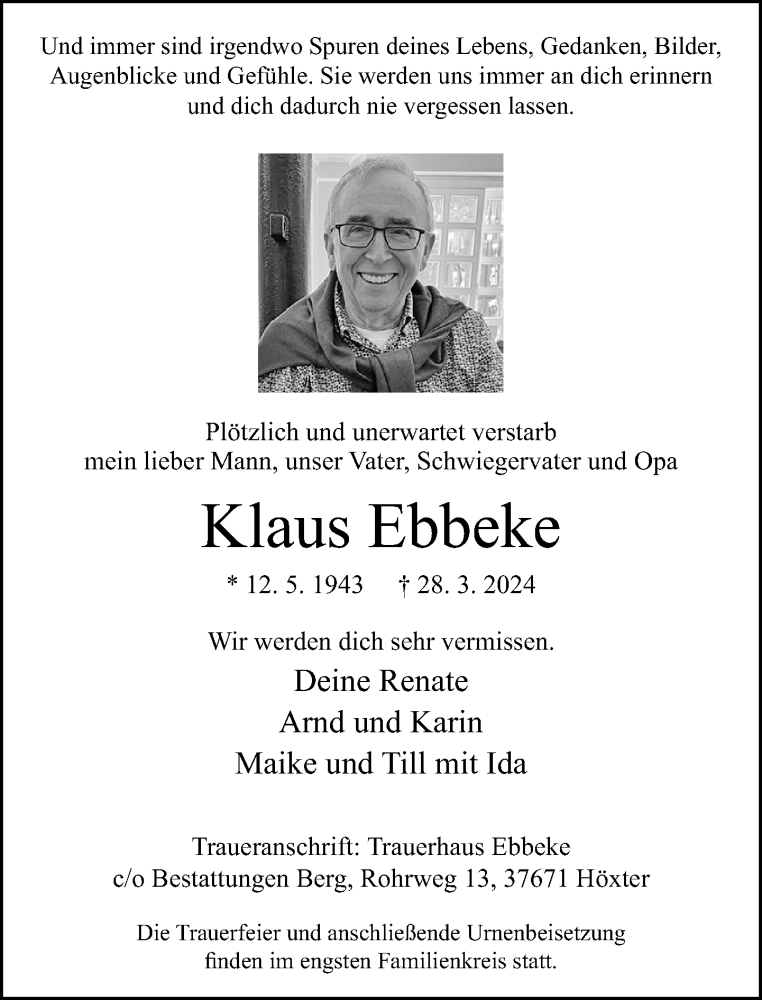  Traueranzeige für Klaus Ebbeke vom 06.04.2024 aus Neue Westfälische