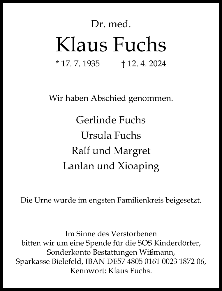  Traueranzeige für Klaus Fuchs vom 27.04.2024 aus Neue Westfälische