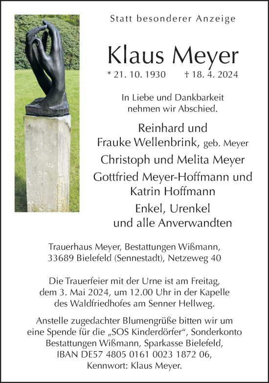 Traueranzeige von Klaus Meyer von Neue Westfälische