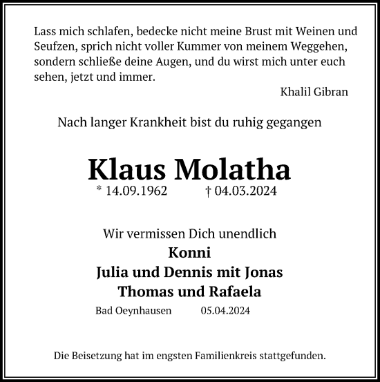 Traueranzeige von Klaus Molatha von Neue Westfälische