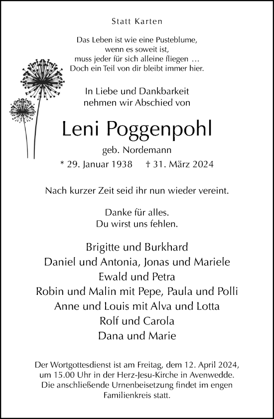 Traueranzeige von Leni Poggenpohl von Neue Westfälische