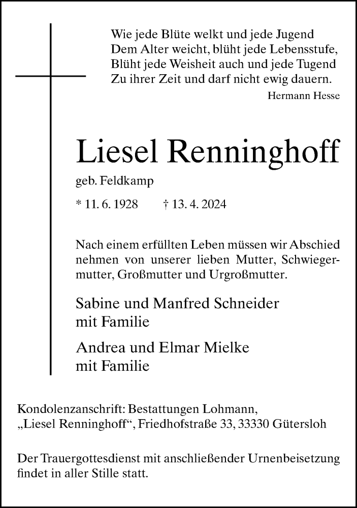  Traueranzeige für Liesel Renninghoff vom 17.04.2024 aus Neue Westfälische