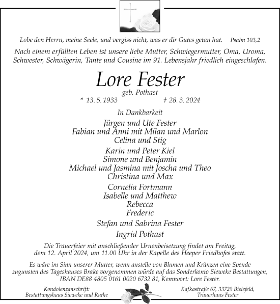 Traueranzeige von Lore Fester von Neue Westfälische
