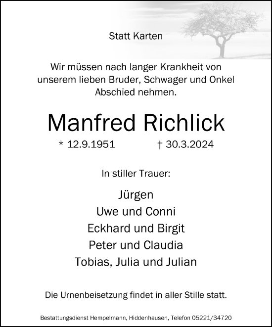 Traueranzeige von Manfred Richlick von Neue Westfälische