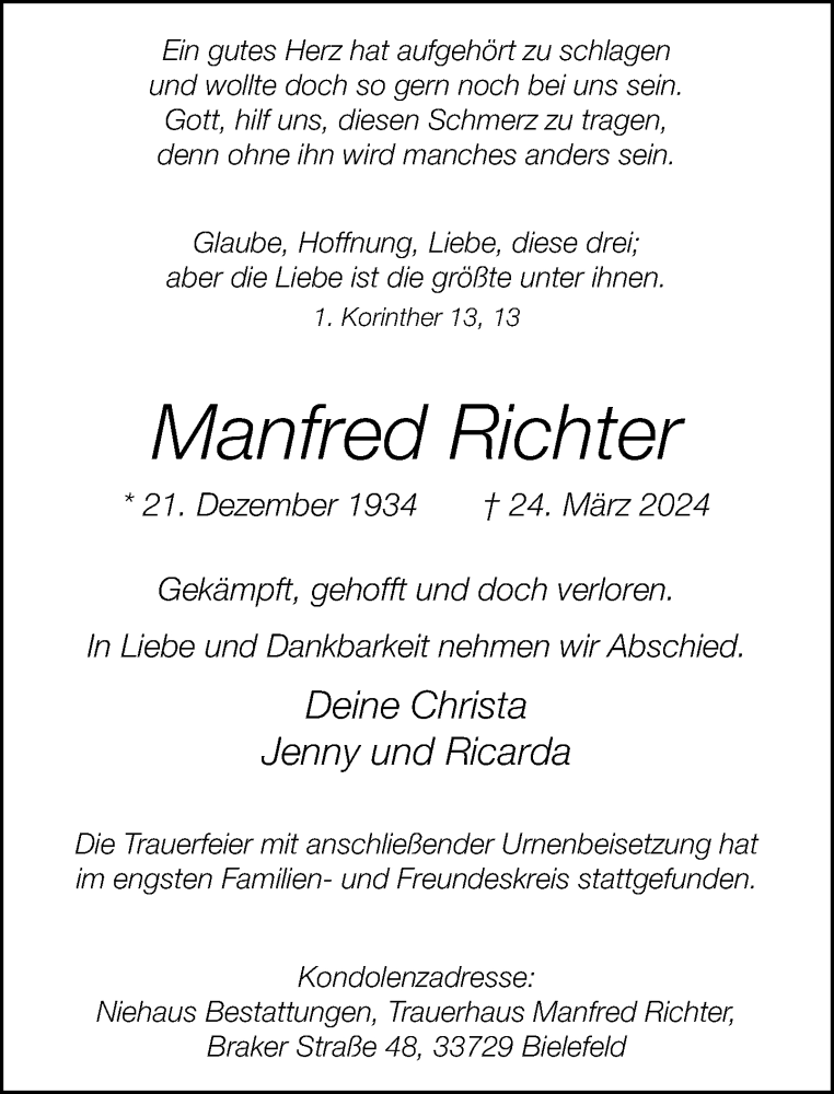  Traueranzeige für Manfred Richter vom 13.04.2024 aus Neue Westfälische