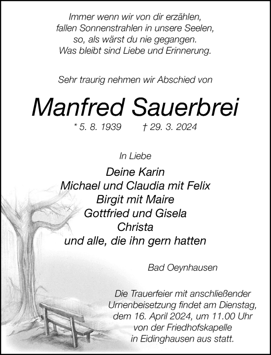 Traueranzeige von Manfred Sauerbrei von Neue Westfälische