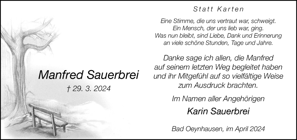  Traueranzeige für Manfred Sauerbrei vom 27.04.2024 aus Neue Westfälische