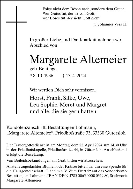 Traueranzeige von Margarete Altemeier von Neue Westfälische