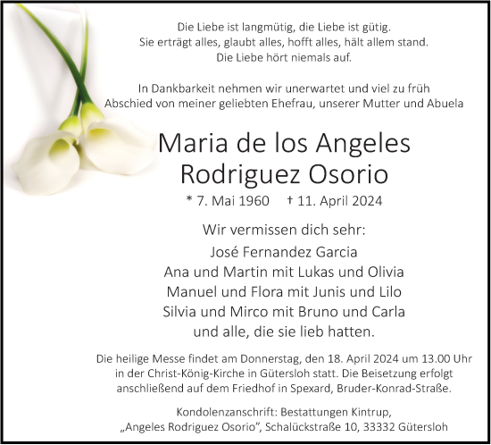 Traueranzeige von Maria de los Angeles Rodriguez Osorio von Neue Westfälische