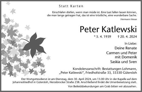 Traueranzeige von Peter Katlewski von Neue Westfälische
